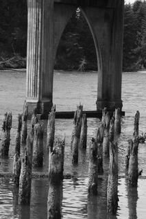Siuslaw River Bridge in Florence, Oregon, spanning the Siuslaw River with coastal scenery, forested hills, and blue sky surrounding the historic bridge.