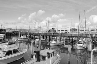 San Francisco Harbor with boats on the bay, waterfront piers, city skyline, and the Bay Bridge and Golden Gate Bridge